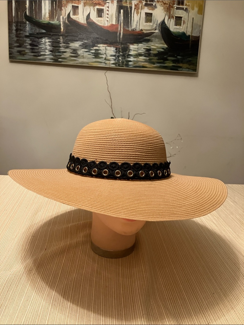 Elegant Beige Wide-Brim Hat with Black Eyelet Band